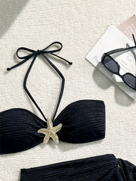 Metal Starfish Brown Bandeau Bikinis Sets 3 Pieces Sexy Swimsuit Cover Up Women 2026 Holiday Swimwear High Cut Bather Beach Wear