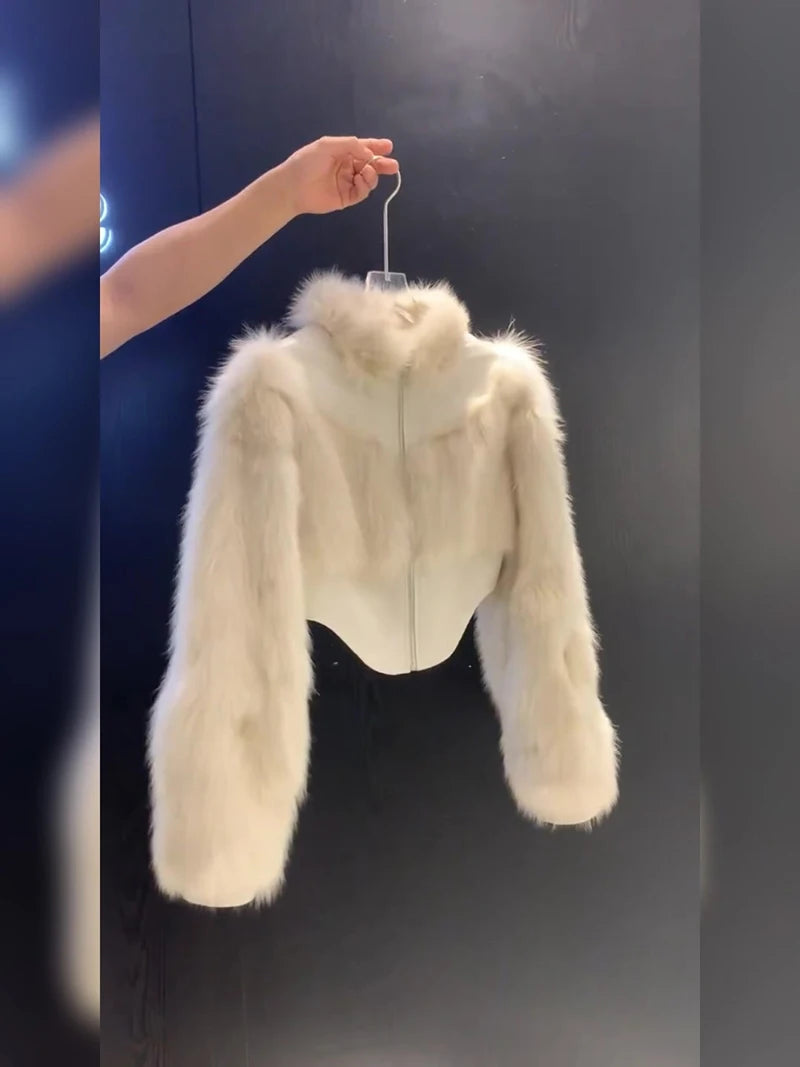 Cropped Faux Fur Coat Women Fashion Elegant Patchwork Fluffy Jacket Winter Ladies Korean Long Sleeve Furry Outerwears New