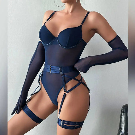 Sexy One Piece Bodysuit Glove Bandage Perspective Mesh Tight Fitting Slim Fit High Strecth Women Rompers Polychrome Fashion RAE3