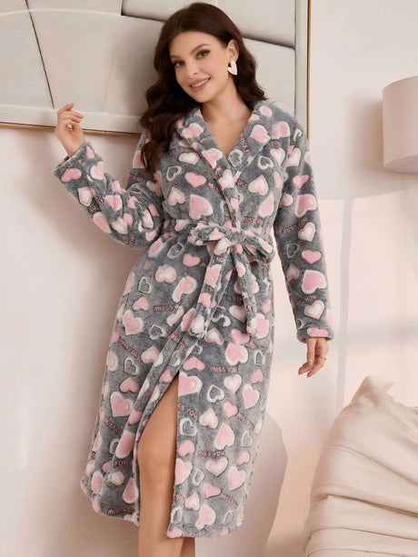 Women's Winter Printed Flannel Robe with Hidden Side Pockets, Adjustable Waist Belt, Loungwear Robe for Home & Outdoor Wear