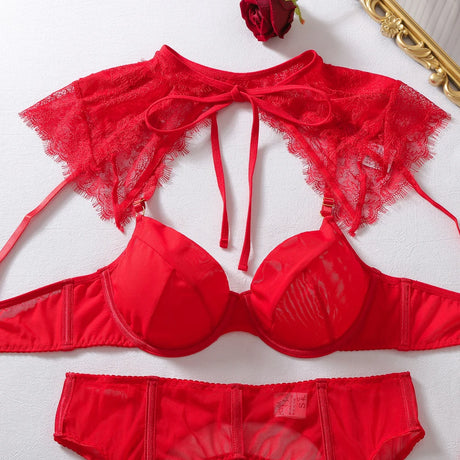 Sexy Women's Lace Lingerie 4 Piece Set Mesh Bra Cape Shawl Garter Thigh-High Stockings See-Through Erotic Vintage Intimate Set