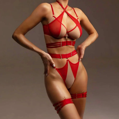 Diccvicc Sexy Red Strappy Lingerie Set Sheer Mesh Cutout Cross Halter Bra Cage Garter Thigh Bands Thong Exotic Women Underwear