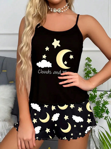 Women Pajamas Sleepwear 2 Pieces Set Black Camisole Shorts Moon & Cloud Print Scoop Neck Cami Top Backless Lettuce Trim Ice Silk