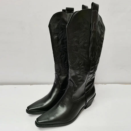 White Cowgirl Western Boots Embroidery Cowboy Boots for Women 2026 Brand Fashion Chunky Heeled Women Mid-Calf Boots Shoes Comfy