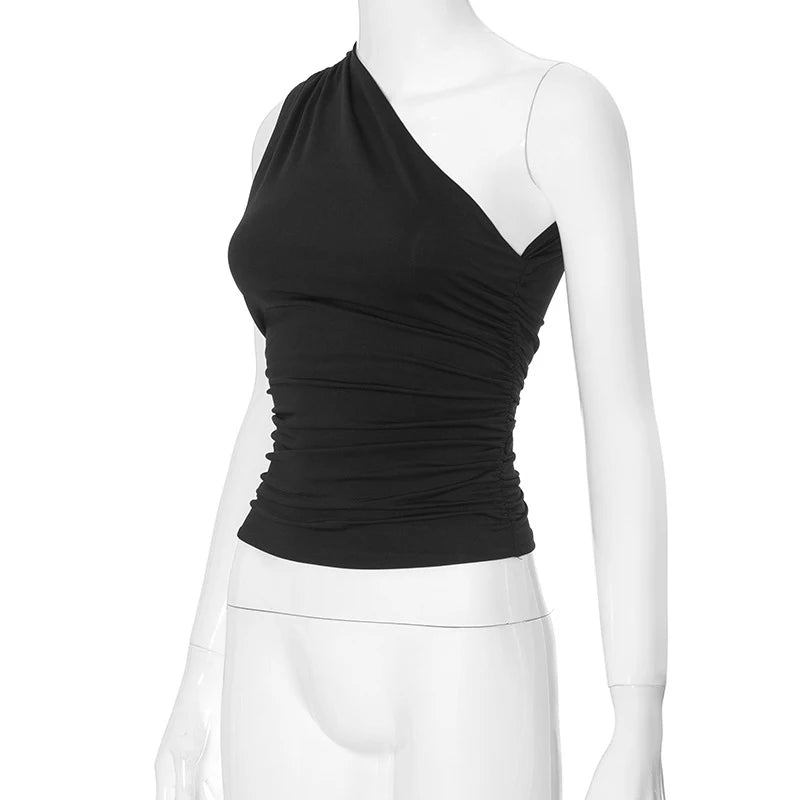 Solid Color One Shoulder Backless Shrink Tank Top T-Shirt Candy Color Tight Sexy Sleeveless Neckless Slim Casaul Top