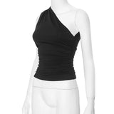 Solid Color One Shoulder Backless Shrink Tank Top T-Shirt Candy Color Tight Sexy Sleeveless Neckless Slim Casaul Top
