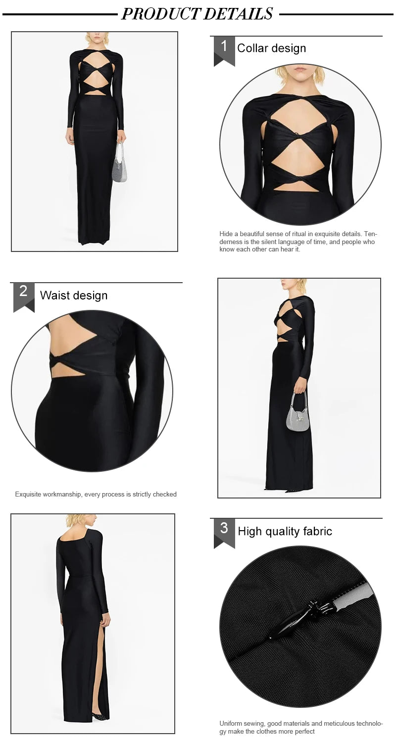 VC 2026 New Sexy Cutout Dresses For Women Sexy Hollow Out Design Long Sleeves Black Gowns Special Events