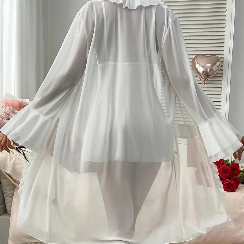 Women Sexy Robe Lingerie Set Lace V-neck Cami Dress with Transparent Mesh Night Gown Robe Nightwear Female Leisure Sleepwear