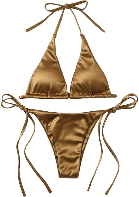 Wrap Around Halter Metallic Satin Bikini Women Swimwear Female Swimsuit Two-pieces Bikini Set Brazilian Bathing Suit Swim Lady