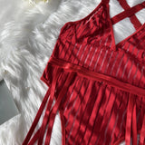 Sexy Lingerie Strip See Through Bodysuit Deep-V Halter Erotic Costumes Backless Jumpsuit Suspenders Underwear Women Garter 2024