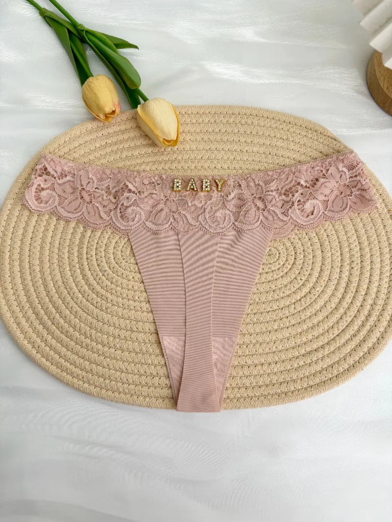 Personalized Custom Thong Name Crystal Letter G-String Low Waisted Lace Thong Ice Silk Bikini Panties Hot Wife Girlfriend Gift