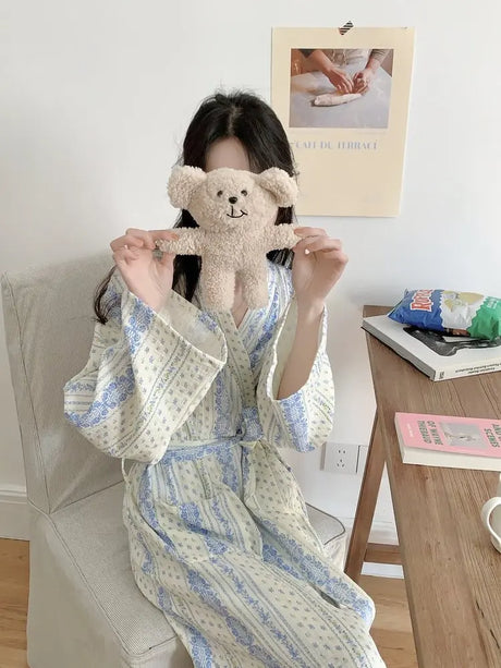 Sweet, Fresh, And Retro Striped Floral Nightgown and Pajamas for Women: Long-Sleeve Bathrobe and Loungewear for Spring and Fall