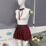 Teacher Cosplay Lingerie Sheer Halter Bra Plaid Skirt See Through Intimate Goods Sissy Erotic Crotchless Briefs Outfits