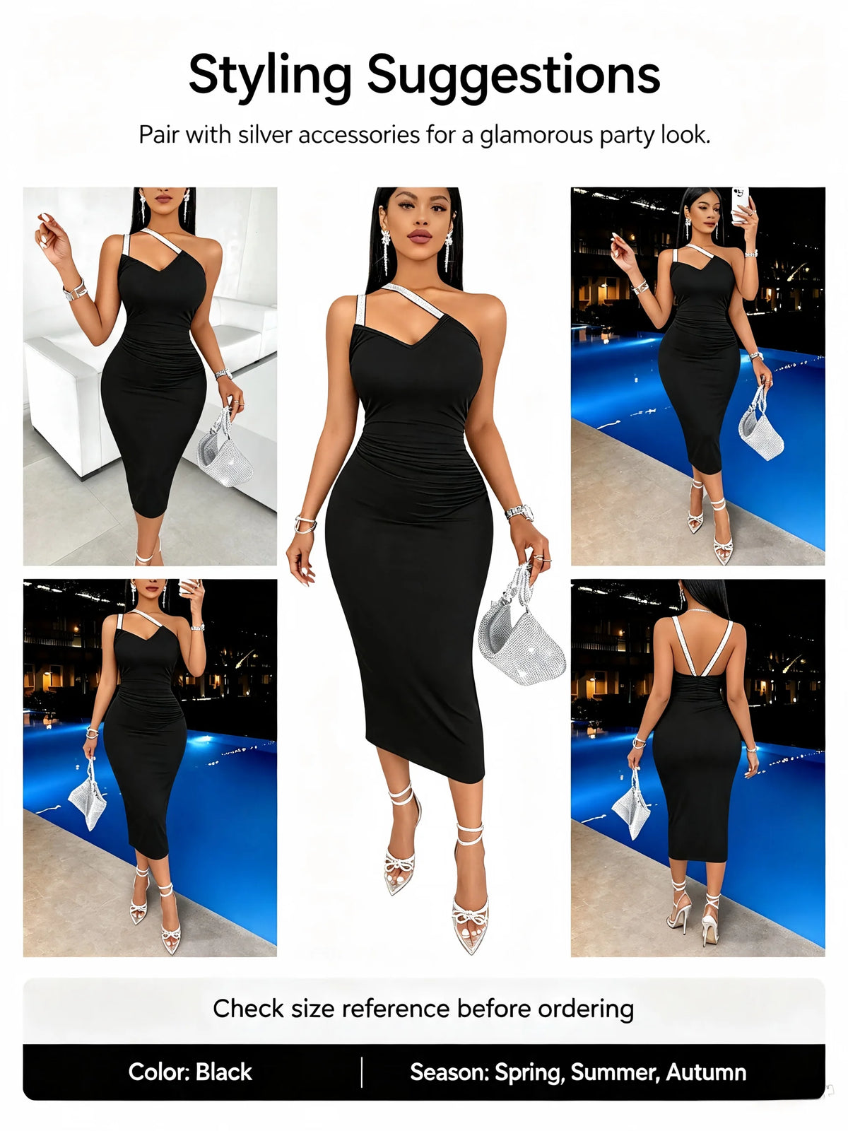 Women Sparkly Strap One Shoulder Midi Bodycon Dress Sleeveless Ruched Evening Party Dress Black Club Night Out Dresses