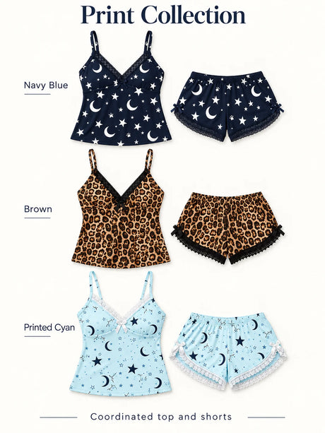 Women's Lace Trim Camisole Shorts Pajama Set, V Neck Bow Detail Sleeveless Two Piece Sleepwear in Solid and Printed Colors