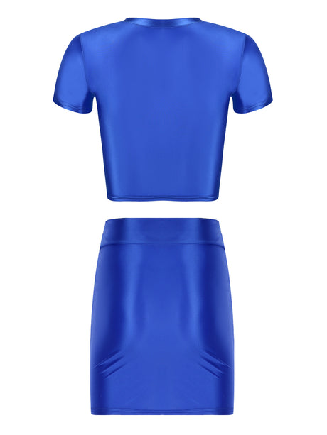 Womens Glossy Two-piece Outfit Oil Shiny Smooth High Waist Mini Skirt with Tank Top Nightclub Rave Outfit Pole Dancing Clubwear
