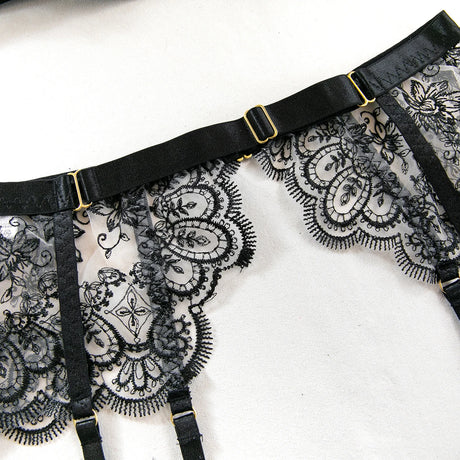 Krasapt Black Lace Embroidered Metal Buckle Sexy Lingerie Set Front Open See-through Lingerie 5Pcs Set Fancy Exotic Intimate Set