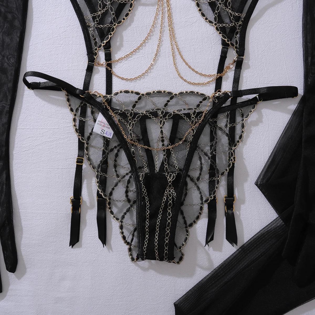 Fashionable spicy girl hanging neck metal chain heavy embroidery shaping sexy underwear five piece set