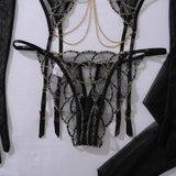 Fashionable spicy girl hanging neck metal chain heavy embroidery shaping sexy underwear five piece set