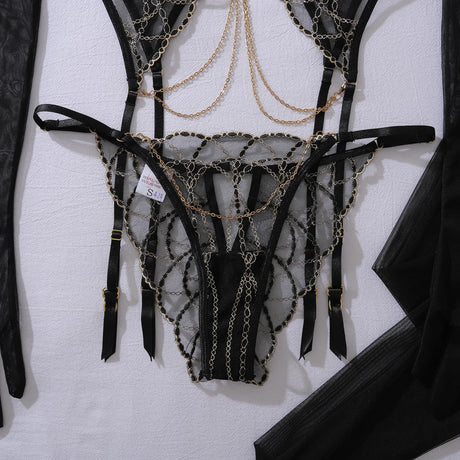 Fashionable spicy girl hanging neck metal chain heavy embroidery shaping sexy underwear five piece set