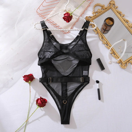 Sexy Lingerie Bodysuit Sheer Mesh Crotchless Romper Womens Shapewear Jumpsuit Romantic Nightwear See Through One Piece Teddy