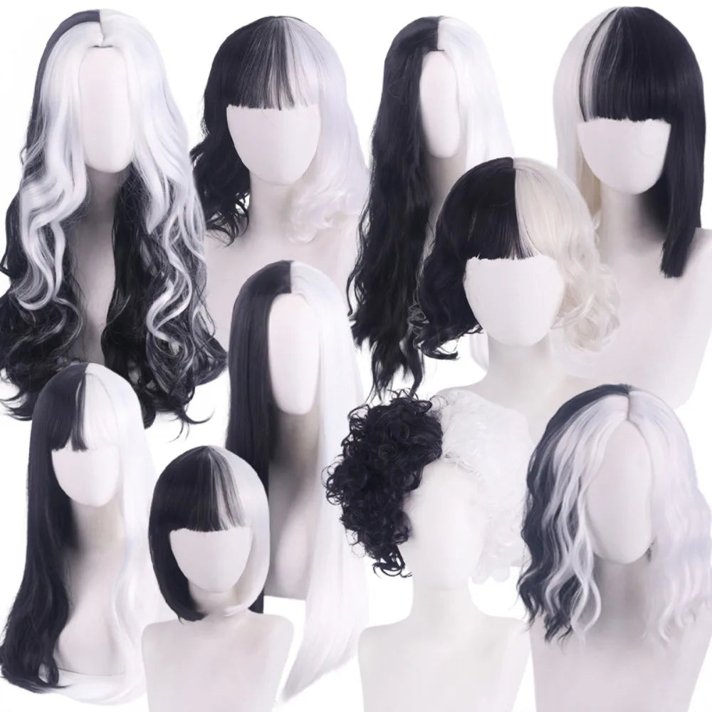 Cosplay Halloween Party Wigs CRUELLA Deville De Vil Black White With Bangs Short Bob Hair for Women Heat-Resistant Synthetic Wig