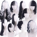 Cosplay Halloween Party Wigs CRUELLA Deville De Vil Black White With Bangs Short Bob Hair for Women Heat-Resistant Synthetic Wig