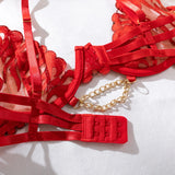 Red Bondage Lingerie Set Women Gold Chain Lace Harness Unlined Underwire Bra Garter Belt Thigh Rings Gothic Punk Exotic Apparel
