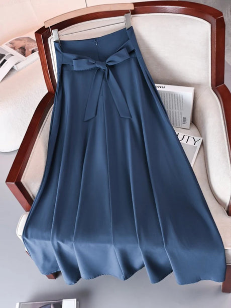New In Dresses Solid Color A-line Skirts for Woman Clothing High Elastic Waist Long Skirt Women With Bow Elegant Women's Skirts