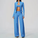 Women's 2/3Pcs Yoga Set Zip Jacket Sports Bra Cross Back Wide Leg Flare Pants Push Up Gym Set Workout Running Fitness Activewear
