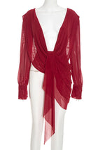 Beyprern Chic Y2K Aesthetic Plunging Neckline Mesh Top Female Draped Asymmetrical Long Sleeve Cover Up Blouse Night Out Clubwear