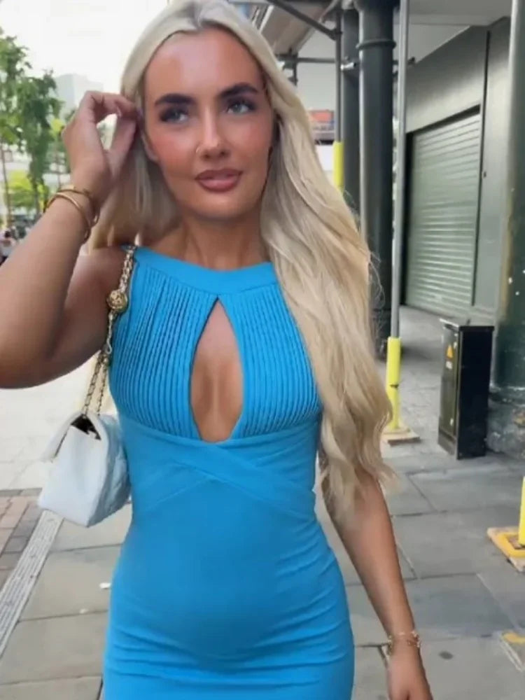 Elegant Ribbed Knit Halter Dress Lady Sexy Blue Vertical Stripe Slim Fit Cutout Sleeveless Mini Skirt Street Y2k Club Party Wear