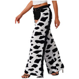Womens Cow Spot Pattern Flannel Long Pants Adjustable Waist Open Crotch Biking Riding Cowgirl Chaps Halloween Cospaly Costume