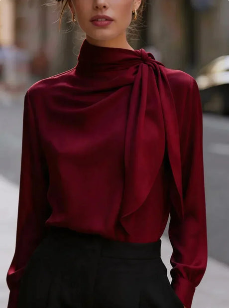 Women High Neck Tie Detail Long Sleeve Satin Blouse Elegant Draped Top for Office or Formal Events