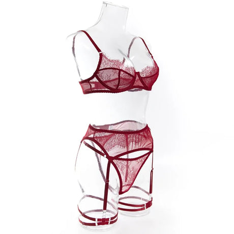 Women's Red Lace Lingerie Set with Underwire Bra High Waist Garter Belt Thong and Thigh Straps Romantic Bedroom Outfit Set 2026