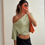 Talenza Summer One Shoulder Tops Fashion Slim Shrink Short Sleeve T-Shirts Sexy Party Y2k Streetwear Solid Pullover Tops Women