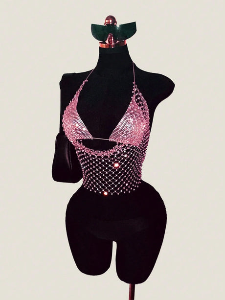 ling Pink Crystal Net Vest with Sequins Women Deep V Neck Dance Clubwear Trendy Fashion for Nightclub Bikini Cover Up