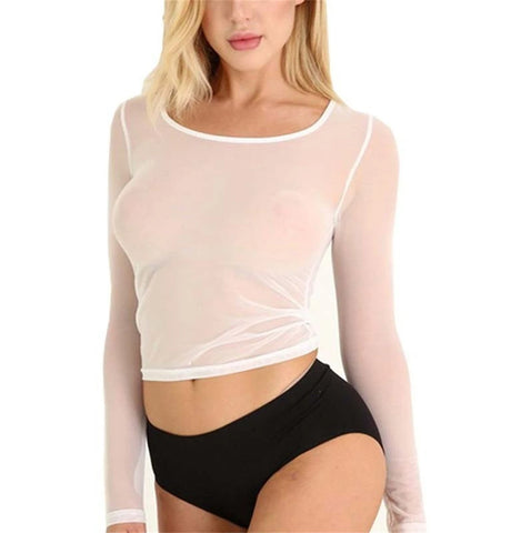 Sexy Women T Shirt See Through Mesh Black Long Sleeve Bodysuit Sheer Slim Turtleneck Tulle Crop Top T-Shirt Transparent Clubwear
