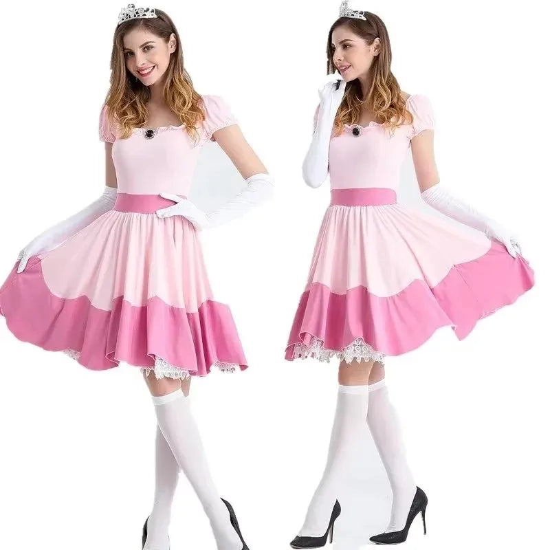 Carnival Halloween Lady Peach Princess Queen Costume Birthday Party Pink Dress Outfit Cosplay Fancy Party Dress