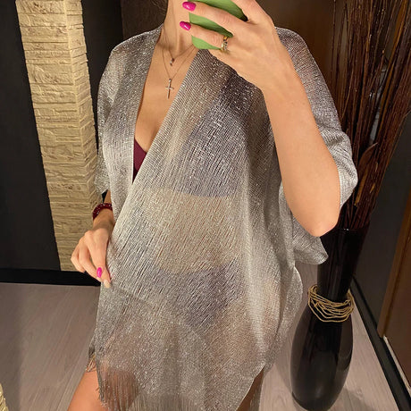 Swimsuit Cover-ups  Fashion Tassel Gold Bikini Beach Cover Up Sexy Beach Dress Tunics for Women Summer Wear See Through