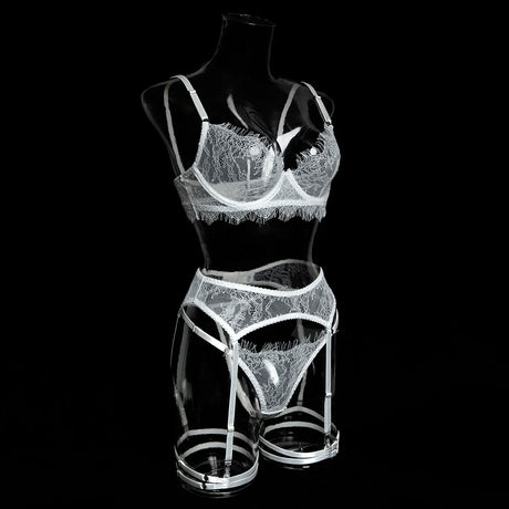 Women's Pink Floral Lace Sheer Lingerie Set See-Through Push-Up Bra Waist Cincher with Garter Belt Thong Intimate Erotic Outfits