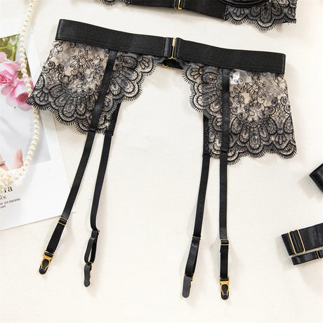 Krasapt Luxury Black Flower Embroidery Lingerie 4 Pcs Sets Fancy Mesh Transparent Metal Buckle Bra And Thong Garter Erotic Set