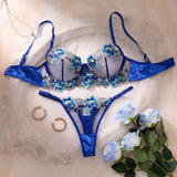 Women Royal Blue Floral Embroidery Lingerie Set Satin Sheer Mesh Underwire Bra & Thong Intimate Underwear ZA825146
