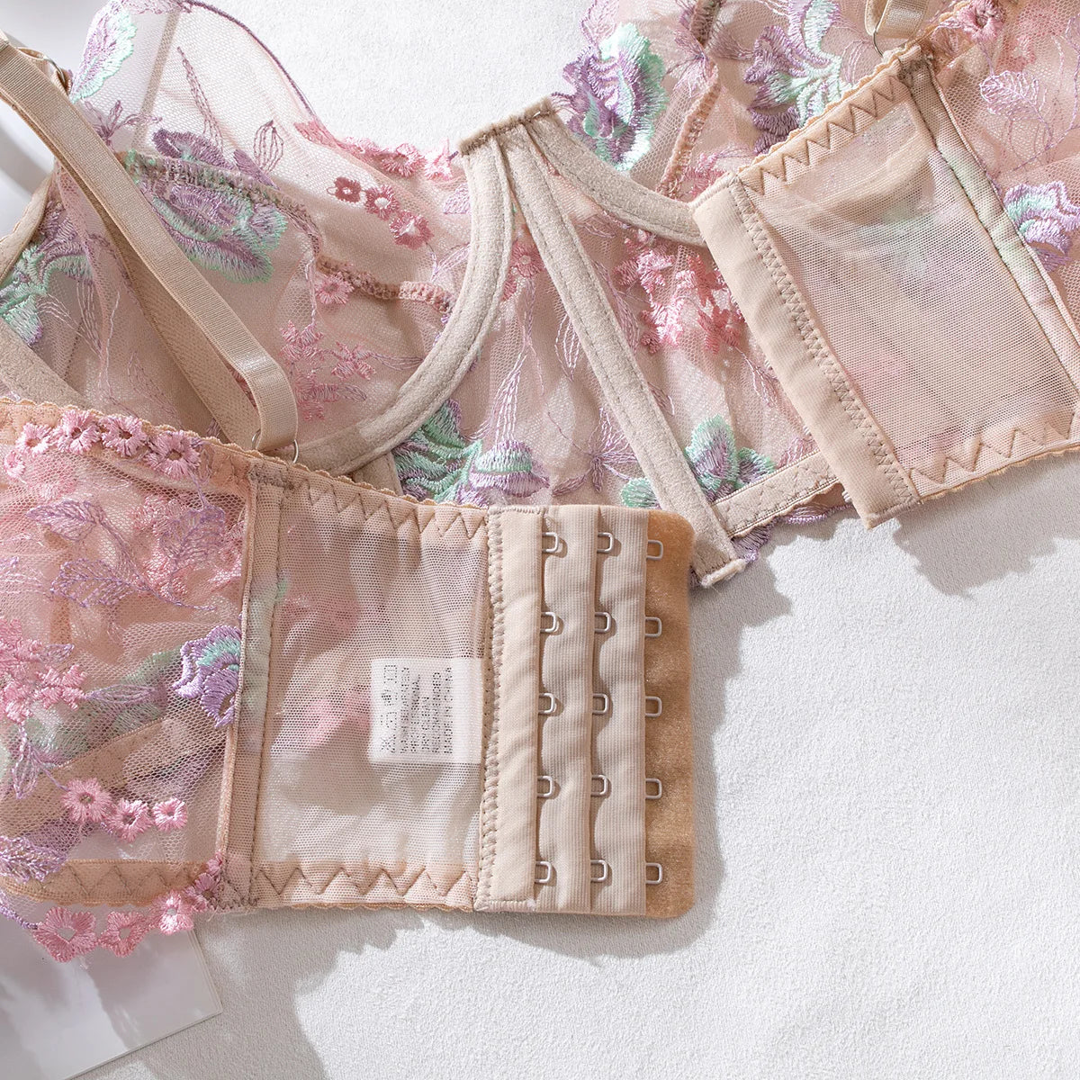 Floral Lingerie Set PushUp Bra Thong Sheer Mesh Underwear Breathable Lace Bralette Kits for Women