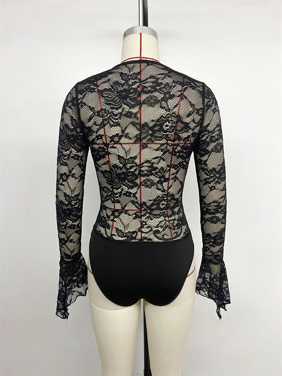 Benuynffy Black V-neck Long Sleeve Bodysuit Women's Sexy See Through Lace Bodys for Women Slim Fit One Pieces Tight Body Top