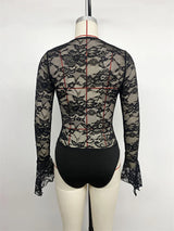 Benuynffy Black V-neck Long Sleeve Bodysuit Women's Sexy See Through Lace Bodys for Women Slim Fit One Pieces Tight Body Top