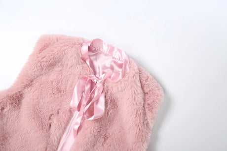 Cutenew Elegant Tank Tops Woman Autumn Trend Furry Comfortable o-Neck Bow Decoration Sweet Girl Street Fashion Y2K Style Vest