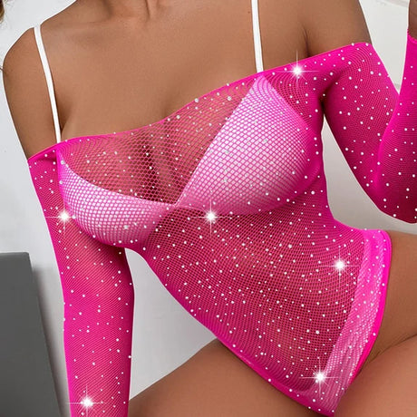See-through Women's Underwear Fishnet Bodysuit Sparkle Rhinestone Mesh Tight Teddys Porn Sexy Lingerie Body Suit Erotic Costumes