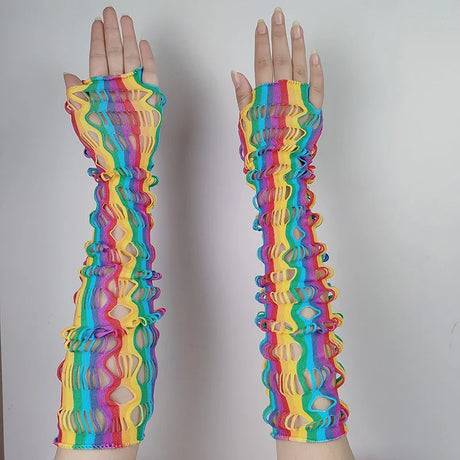 Sexy Elastic Mesh Gloves With Colored Flash Diamonds Bungee Stage Performance Hollow Fishing Net Punk Hiphop Women's Gloves R51