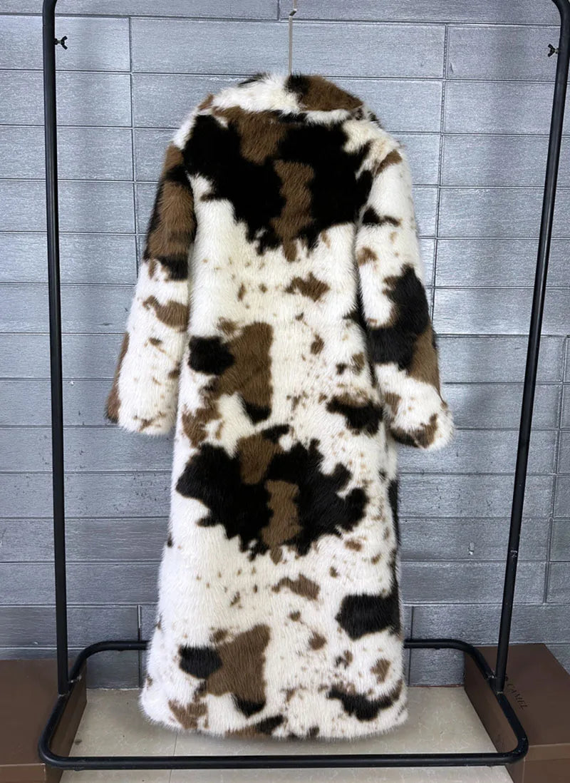 ZADORIN 130cm Long Thicken Lapel Cow Print White Brown Faux Fur Coat Woman Clothing Luxury Fluffy Jacket Winter Fur Coats Woman